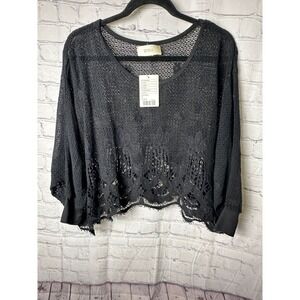 Woo Black Lace Crochet  Top Womens Medium NWT Cotton Boho Cropped Long Sleeve